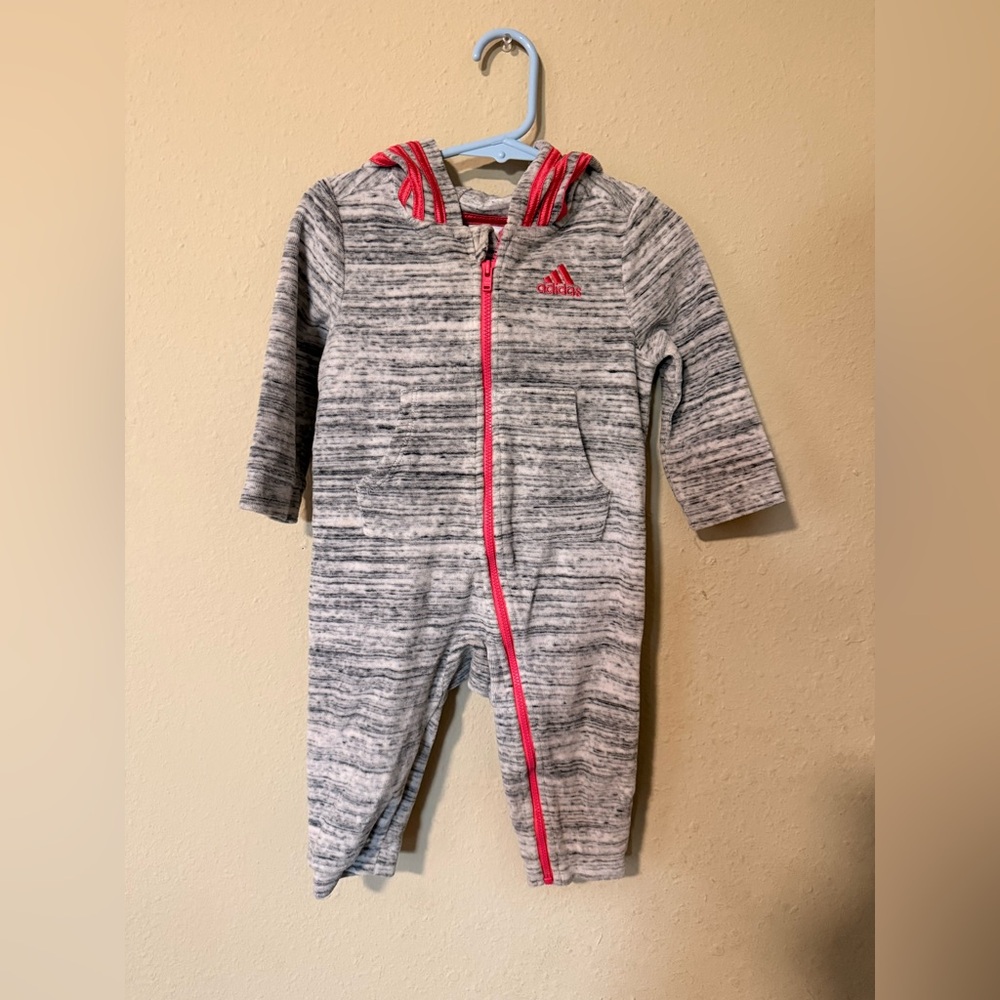 Gray and Red Baby ADIDAS Baby Full Zip LNG Sleeve Hooded Rompers/ Overalls